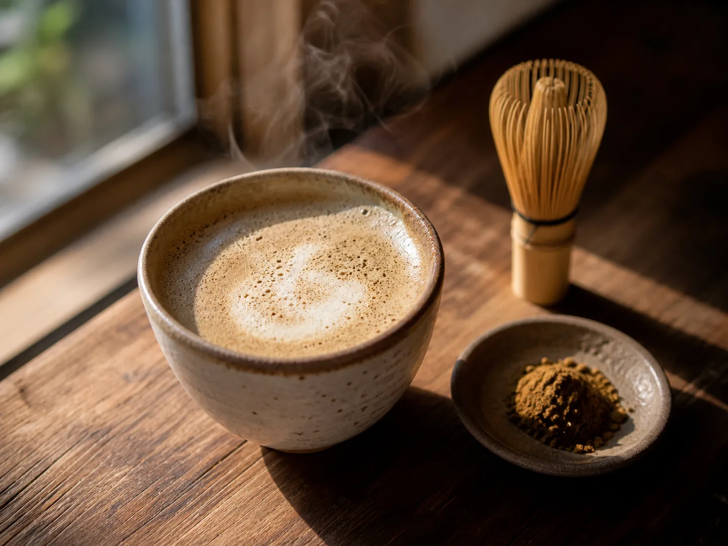 Hojicha latte chaud servi dans une tasse en céramique dans une ambiance cosy