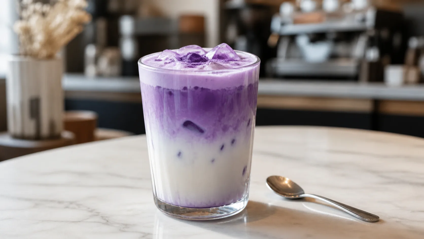 Ube latte violet servi dans un coffee shop