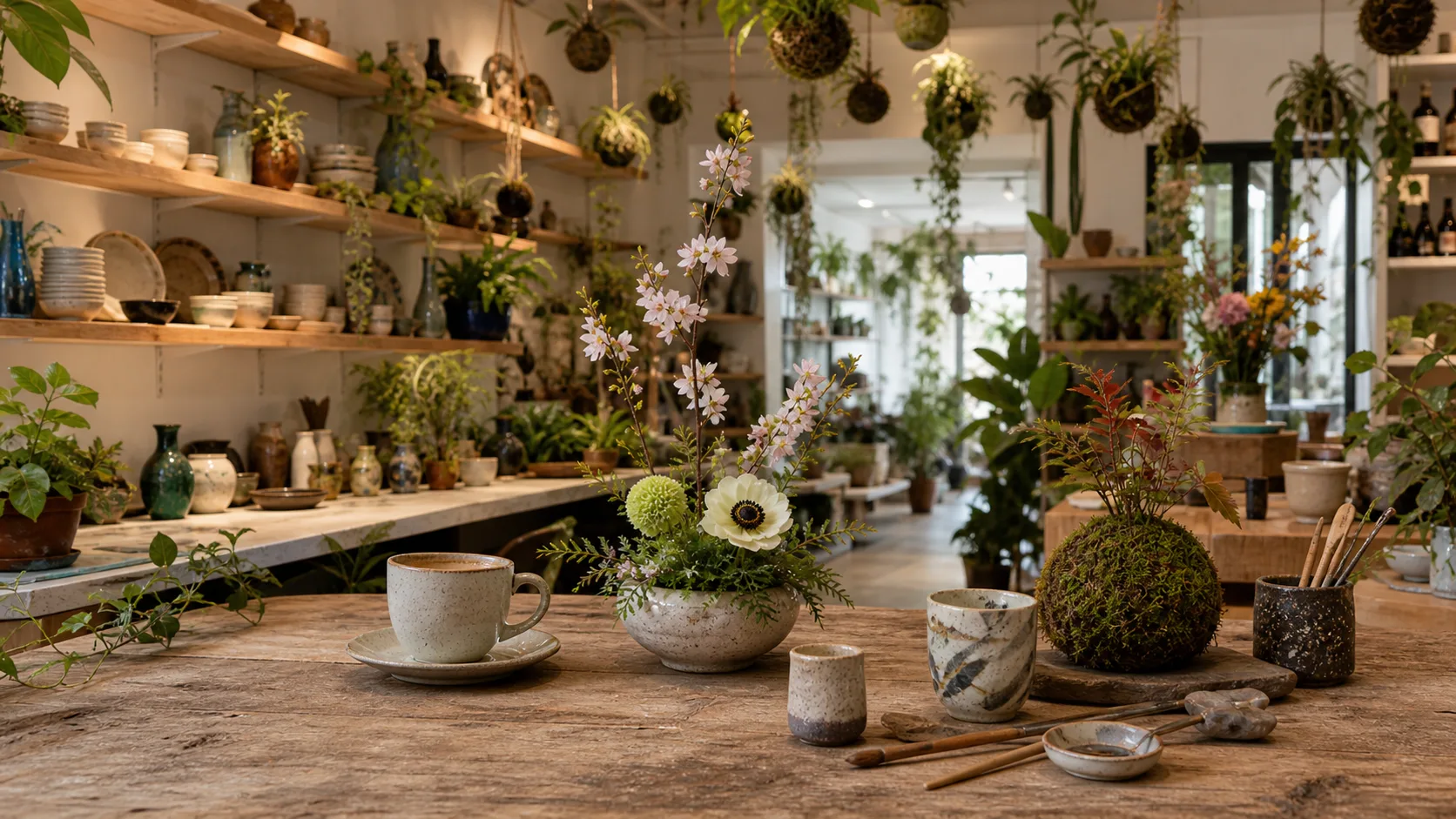 Ambiance créative autour du café, des plantes et de l'artisanat chez Ikebanart